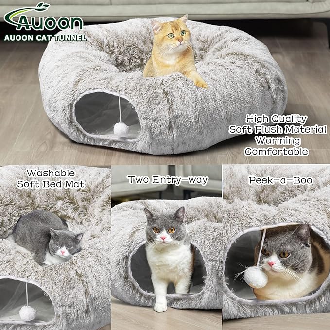 AUOON Cat Tunnel Bed - Cat Donut Tunnel with Soft Plush Circle Cushion for Indoor Cats Kitten Kitty Puppy Rabbit Ferret (Khaki)
