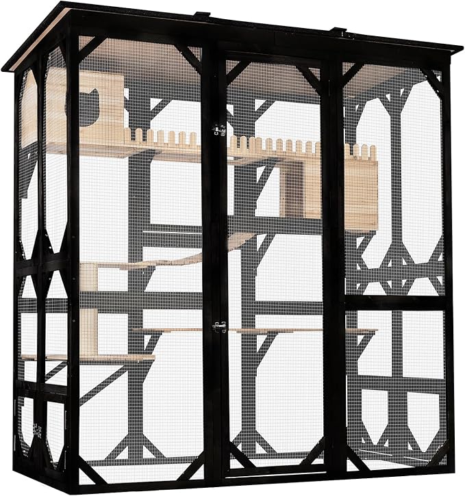 Catio Outdoor Cat Enclosure Wooden Cat House for Mulitiple Cats Walk-in Cage Window Acess with Heavy Duty Weather-Proof Asphalt Roof