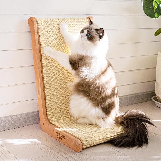 Sisal Cat Scratcher for Indoor Cats Scratching Pad Vertical Cat Scratcher L Shape Cat Scratching Board Cats Scratch Post Solid Wooden Cat Furniture(Large)