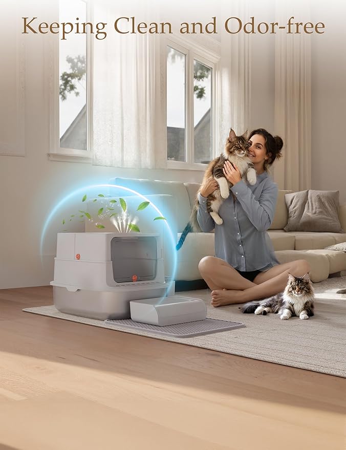 XXL Stainless Steel Covered Cat Litter Box with Lid – Extra Large Enclosed Metal Litter Box for Big Cats, Leak-Proof, Odor Control, Top Exit, Scoop, Pedal & Non-Slip Mat, Easy to Clean