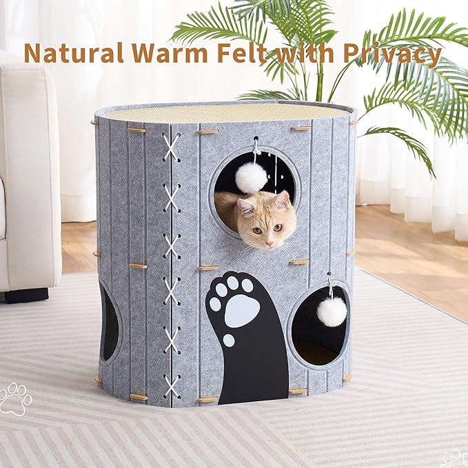 Cat House for Indoor Cats,2-Storey 23" x 15" x 23" Large Felt Covered Cat Cave for Multiple Cats,Clawsable Enclosed Cat Hideout Houses&Condos with Fluffy Ball, Cozy Scratch Resistant House