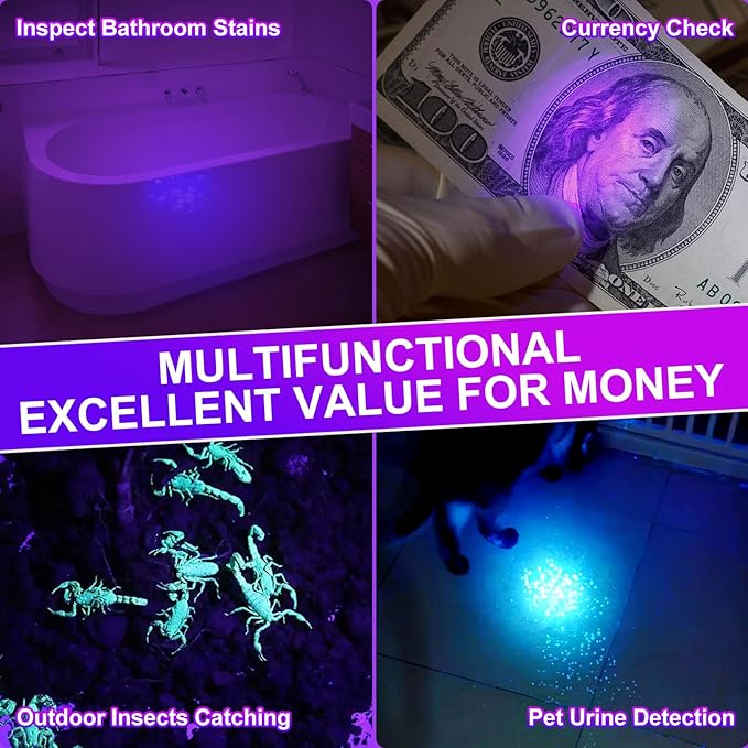 395nm Black Light Flashlight, 30W Rechargeable UV Flashlight, Ultraviolet Bright UV Led Torch for Pet Urine & Bed Bug Detector, Dry Stains, Ore and Jade, Durable and Strong (395 nM)
