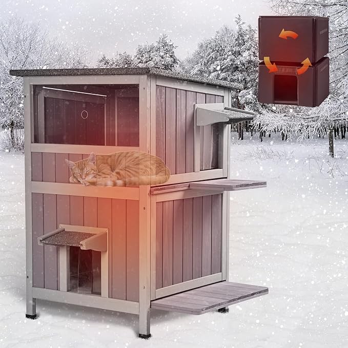 GUTINNEEN Insulated Outdoor Cat House Weatherproof with Insulation Liner for Winter, 2-Story Wooden Feral Shelter with Acrylic Window, Openable Asphalt Roof, Escape Doors