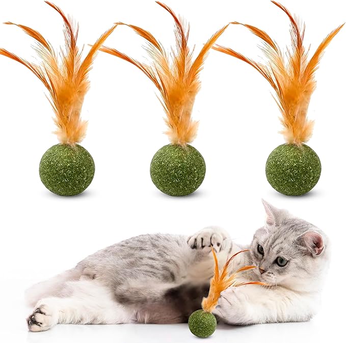 3 Pcs Catnip Balls with Feathers – Natural Catnip Toy for Play, Stress Relief & Healthy Enrichment Interactive Cat Toys Perfect for Indoor Cats & Kittens, Encourages Active Play & Wellness
