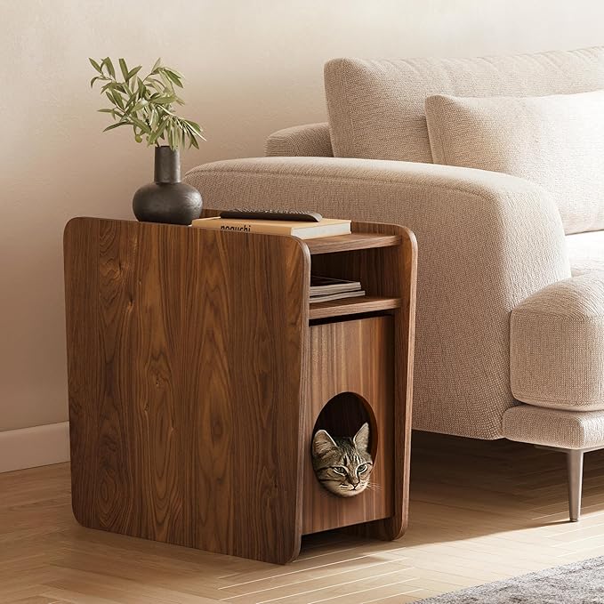 WERMO 12'' Cat Hideaway Side Table - Cat House for Indoor Cats and Enclosed Bed Cave and Hideout for Small Pets with Magazine Holder & Storage Doubling as Narrow End Table, Wood Night Stand (Walnut)