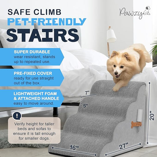 PAWZY Foam Pet Stairs for Bed, Couch or Window PREFIXED Cover - Wide Steps for Bed, Waterproof, Non-Slip Base - 4 Tier Ramp 20'' Height - Dog Stairs for Small Dogs, Puppies, Cats - (Gray, 4 Step, 1)