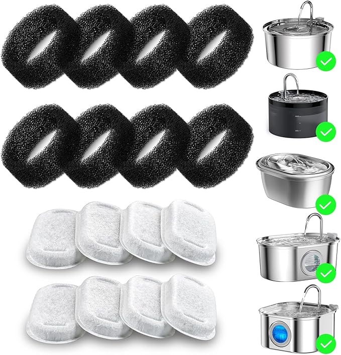 16 Pack Cat Water Fountain Filter Replacement, 4+4/8+8/12+12/16+16 Pack for Stainless Steel Cat Fountain 2L/67oz and 3.2L/108oz, 8 Carbon Filters & 8 Pre-Filter Sponges