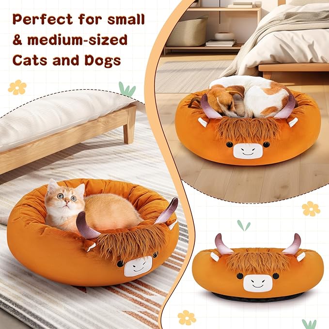 Highland Cow Heated Cat Bed - Cute Round Dog Bed, Warming Pet Bed for Indoor Cats & Small Dogs, Washable Calming Nest with Heating Pad & Timer, Cow Pet Heating Pad for Cats and Dogs