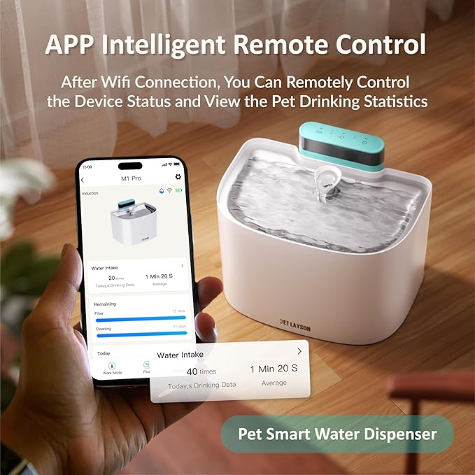 PET LAYSON Pumpless Cat Water Fountain, App Remote Control Smart Cordless Rechargeable Battery Operated, 3.6L/122oz 2.4G Wi-Fi Dog Water Dispenser, 2 Filters,2 Nozzles(Black, M1 Pro)