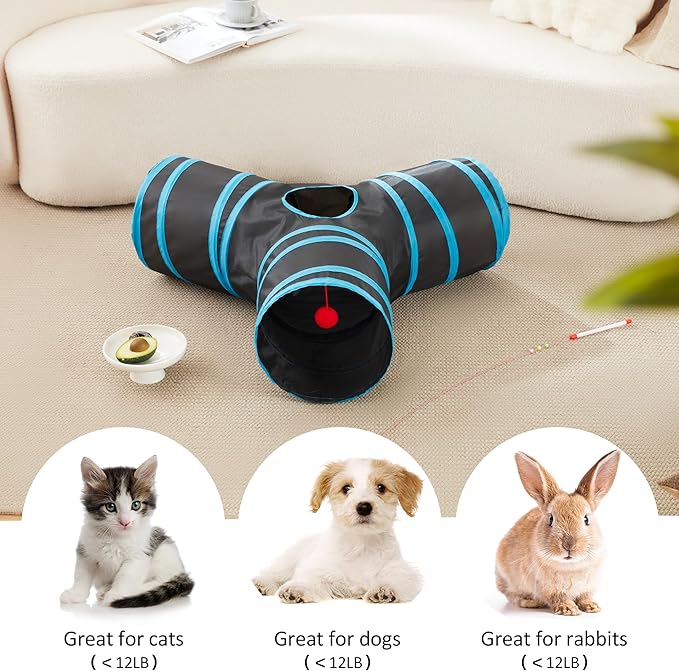 Love's cabin Cat Tunnel Tube Toys 3 Way Collapsible, Cat Tunnels for Indoor Cats，Kitten Tunnel Bored Pet Play Tunnel with Peek Hole Toy Ball for Kitty, Kitten, Rabbit, Puppy Blue
