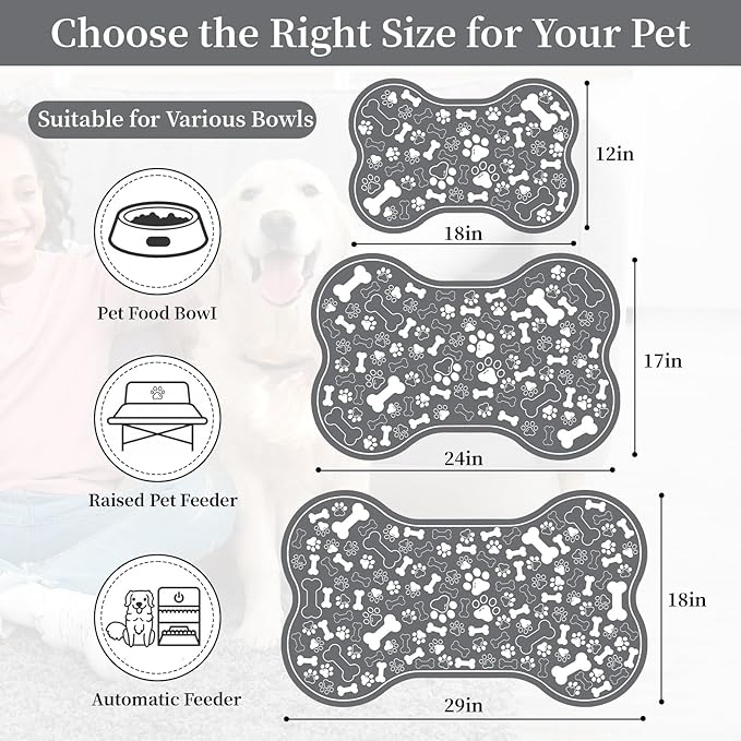 Dog & Cat Food Mat Bone Shaped Pet Feeding Mat Quick Absorb Water Bowl Placemat with Rubber Backing Indoor Floor Stain Resistant Pet Accessory Supplies (Dark Gray Small, 12x18 Inches)