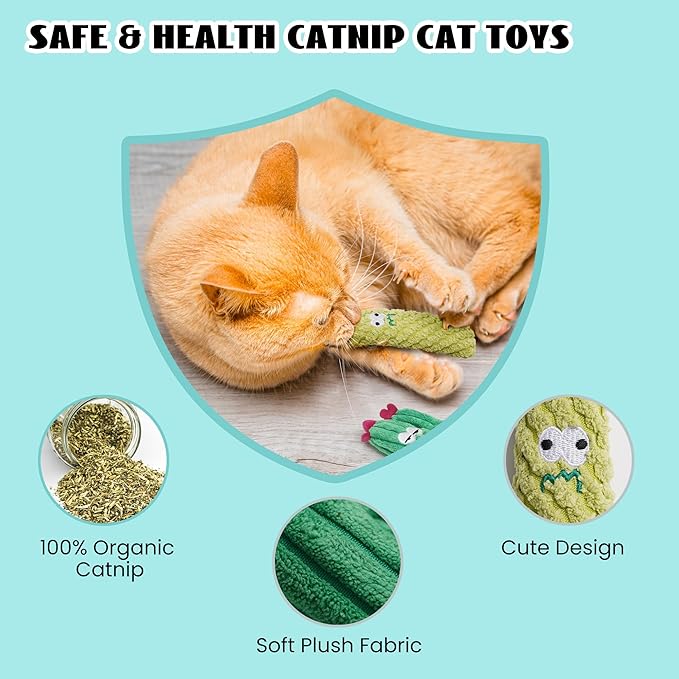5 Pack Cactus Catnip Toys, 100% Pure Organic Catnip Filled Toys for Indoor Cats, Interactive Plush Chew Fun Without Cotton, Teething Soft Pet Toys for Kittens Kitty