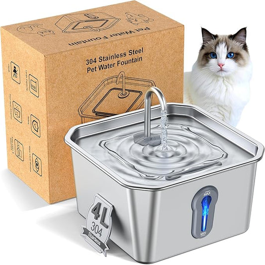 Stainless Steel Cat Water Fountain, 4L/135oz Automatic Circulation pet Water Dispenser, Quiet cat Bowl Water Dispenser, Suitable for Cats, Dogs and Multiple Pets. (Pet Fountain+2 Filters+2 Sponges)