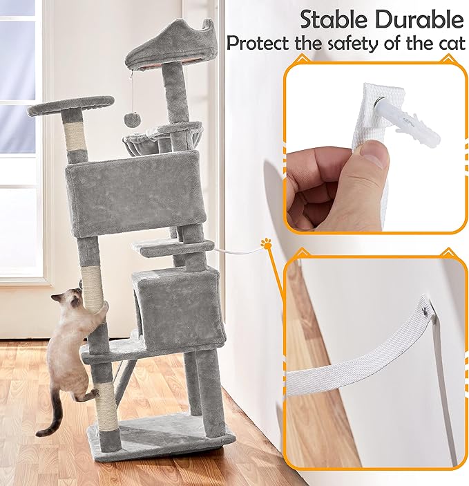 Topeakmart Cat Tree, 57 inches Multi-Level Cat Tree Tower with Scratching Posts, Cat Condo and Basket Kitten Activity Center, Light Gray