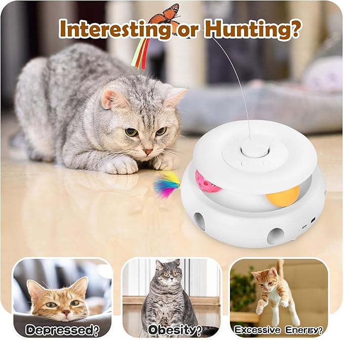 Cat Toys,3-in-1 Interactive Cat Toys for Indoor Cats,Rechargeable Automatic Interactive Cat Toy with Fluttering Butterfly,Smart Sensor 6 Holes Mice Whack-A-Mole and Track Balls, White