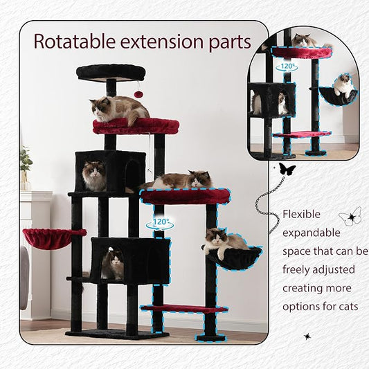 Hey-brother Cat Tree Tower, Scratching Posts with a Extended Part, Wide Platforms, Cozy Condos, Hammocks, Sisal Columns and Ball for Indoor Cats, 70.1 Inches, Black and Red MPJ038BR