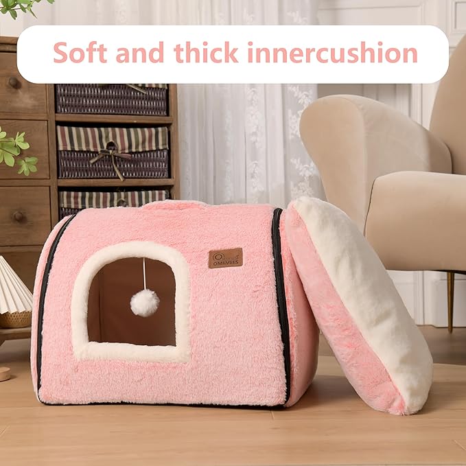 Cat Bed Cave for Indoor Cats - Soft and Comfortable House With Removable Washable Cushioned Pillow, Enclosed Hideaway, Small Large Dog Tent (Pink)