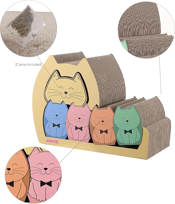 CSR1005A Kazoku 15.63" Modern Cardboard 5-in-1 Family Cat Cave Scratcher with Catnip and Pull-Out Design, Multi-Colored