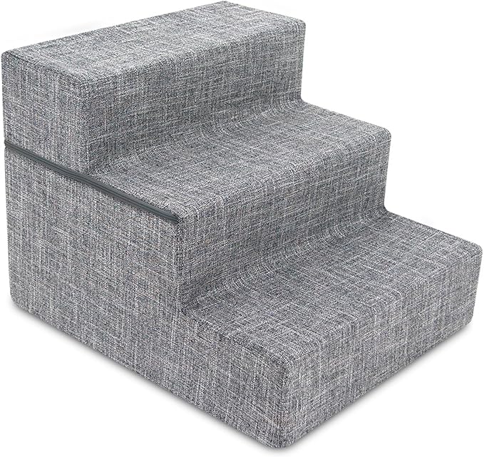 Best Pet Supplies Dog Stairs & Steps - Foam Steps for Small Dogs & Cats, Non-Slip Indoor Balanced Pet Step Support, Dog Ramp, No Assembly, Ash Gray Linen, Foldable 3-Step (16.5-inch Height)