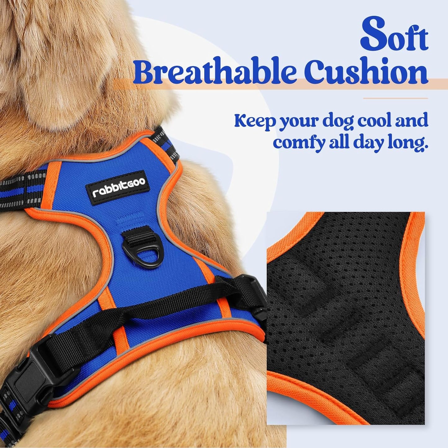 rabbitgoo Dog Harness No Pull with 2 Leash Clips, Adjustable Soft Padded, Reflective Oxford No Choke Pet Vest with Easy Control Handle for Large Dogs, Blue & Orange, XL