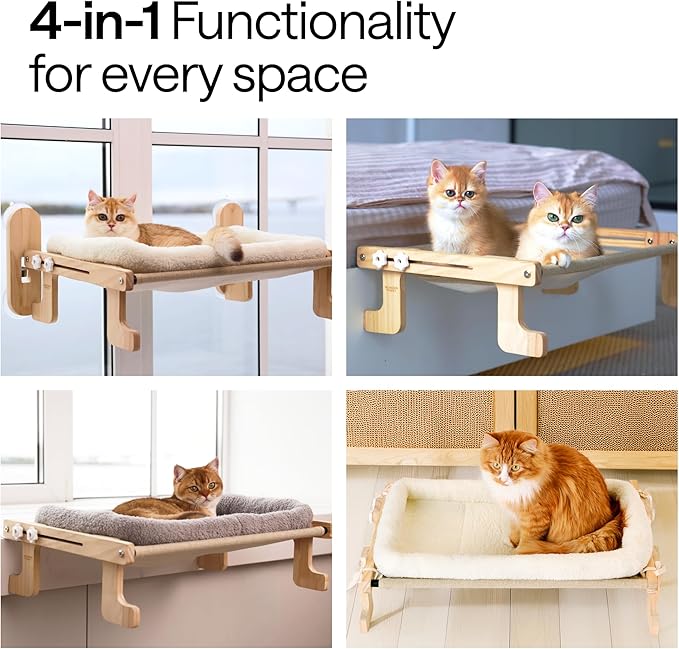 4-in-1 Elevated Cat Couch Bed – Holds 44 lbs – Secure Mount to Window, Sill, Bed, Floor – Removable Washable Plush Cushion – Cat Window Perch Indoor Sofa for Pets for Large Cats & Small Dogs