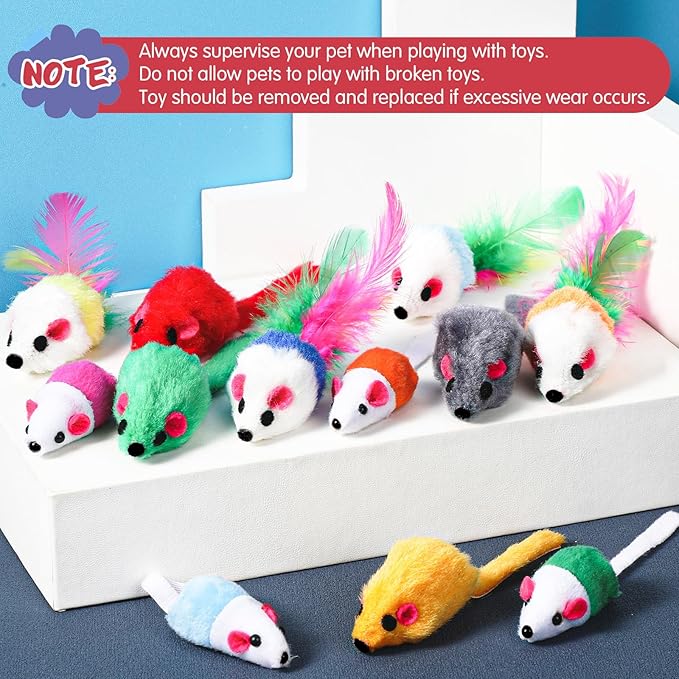 Sosation 100 Pcs Fur Cat Mouse Toys Assorted Interactive Cat Toys Rattle Sound Mice for Kitten Catch Play Indoor Interactive