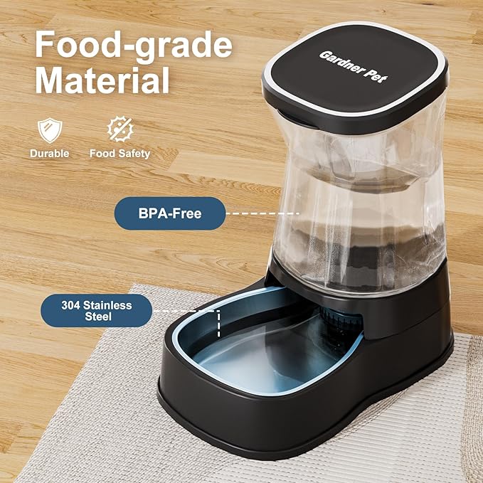 Automatic Gravity Water Dispenser for Dogs, 1Gallon Stainless Steel Dog and Cat Water Bowl Dispenser, Dog Water Fountain Dispenser for Small&Medium Dogs, Cats, Puppies(Black)