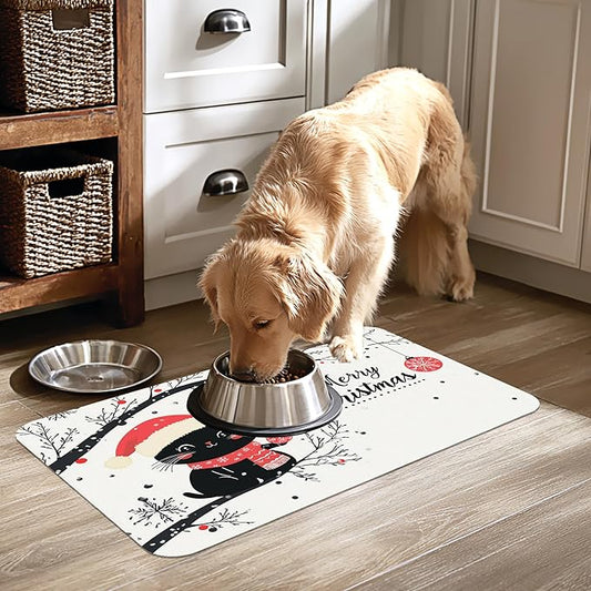 Christmas Black Cat Pet Feeding Mat-Quick Dry Absorbent Dog Cat Food Mat, Anti-Slip Water Bowl Mats for Messy Eaters-No Stains Indoor Pet Accessories 16"x24"