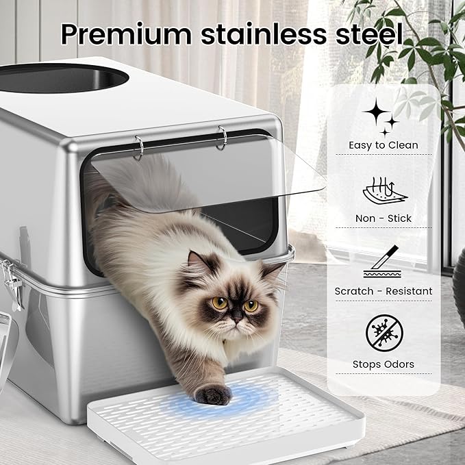 Stainless Steel Litter Box with Lid – Dog Proof, XL Enclosed Metal, High Side, Odor Control, for Big Cats & Multi-Cat Household, Black, Dubble Entry (Top and Front)
