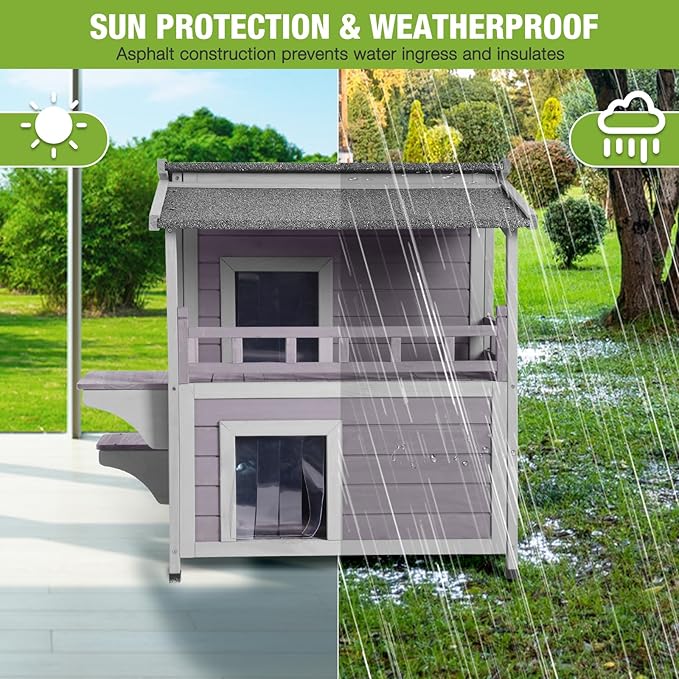 GUTINNEEN Outdoor Cat House Insulated, Weatherproof Cat Shelter with Insulation Liner for Winter, 2-Story Wooden Kitty Condo with Openable Waterproof Asphalt Roof, Elevated Plastic Feet