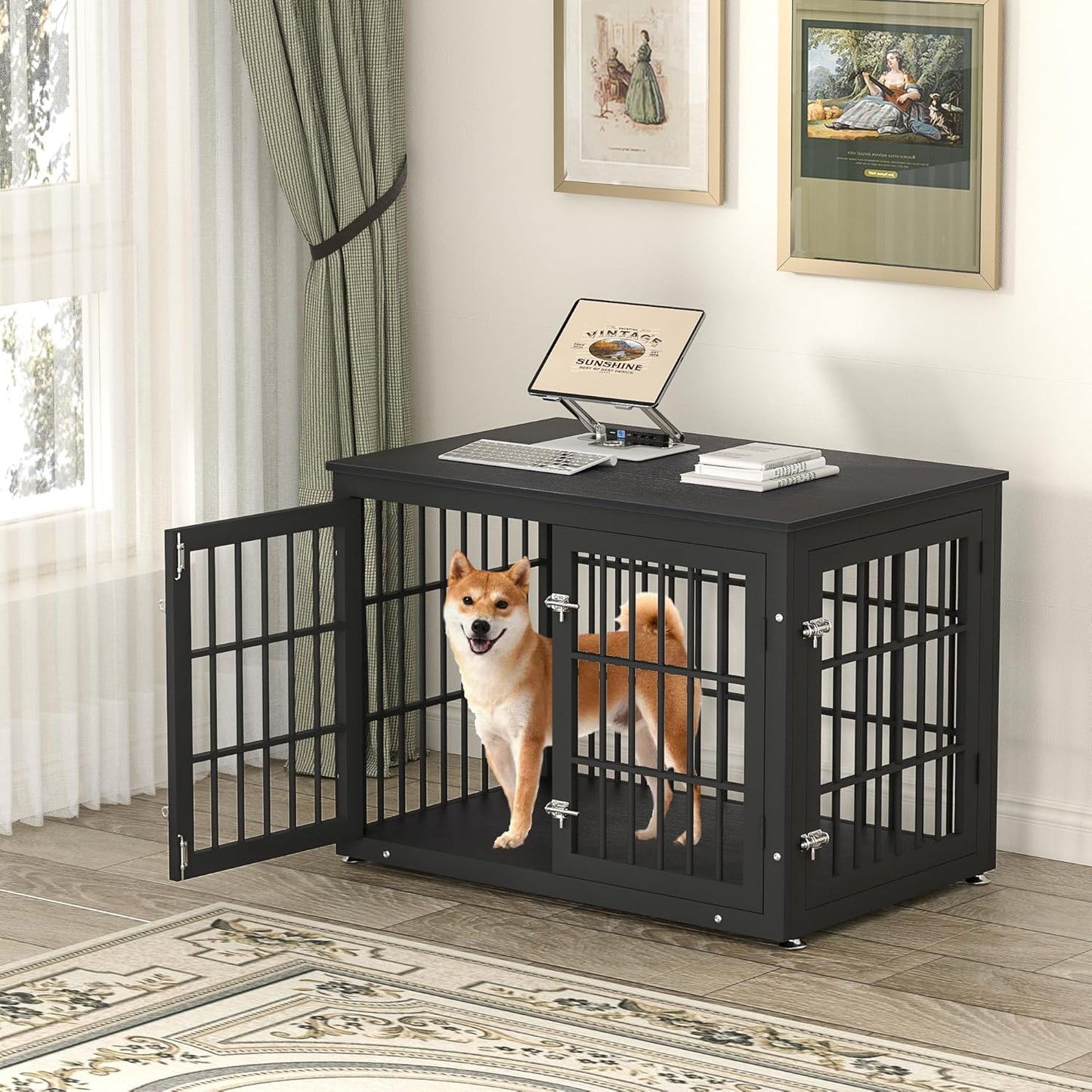 38 Inch Heavy Duty Dog Crate Furniture for Large and Medium Dogs, Decorative Pet House End Table, Wooden Cage Kennel Furniture Indoor, Black