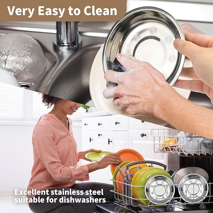 HUOIQUE 10 Pcs Stainless Steel Bowls, Whisker Fatigue Cat Bowl for Food and Water, Metal Shallow Cat Dishes, 6.2 Inches (Thicker)