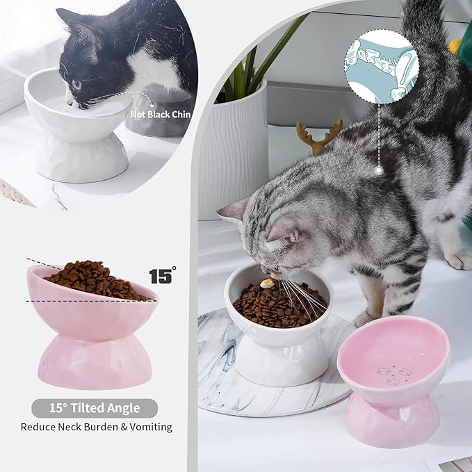 AOMRYOM Ceramic Tilted Raised Cat Food and Water Bowl Set, Elevated Stress Free Feeding Pet Bowl Dish for Cats and Small Dogs, Protect Cat's Spine, White & Pink, Set of 2