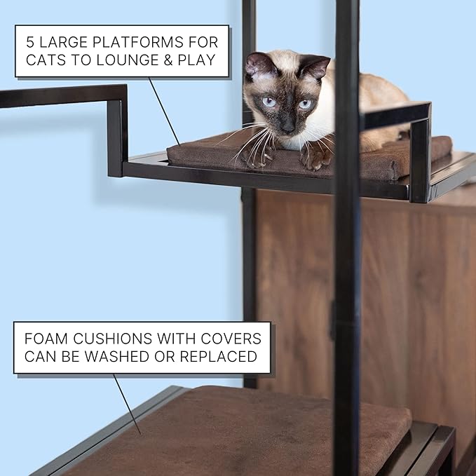 Refined Feline Metropolitan Cat Condo - 62 Inch Tall Modern Cat Tower, Black Metal Frame, Multi-Level, White Platforms & Scratching Post