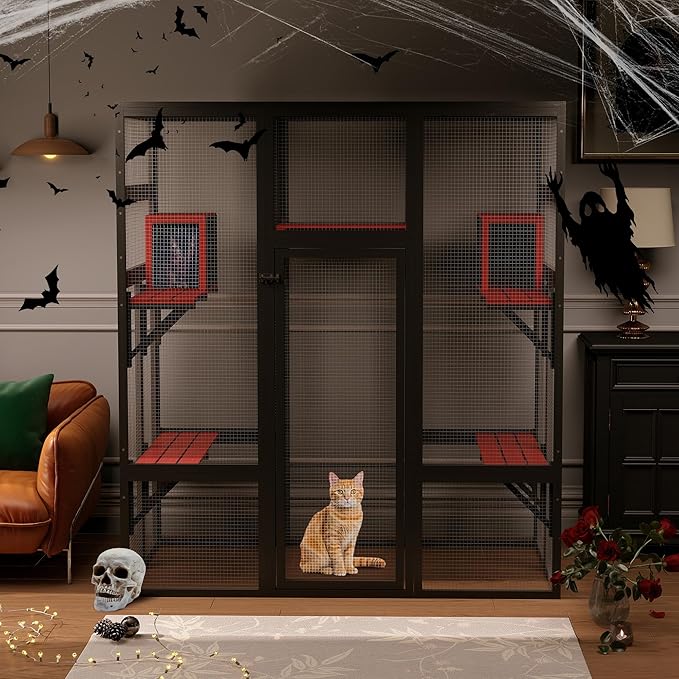 71Inches Large Wood Catio Outdoor Cat Enclosure with Perches and Condos, Cat House Indoor with Waterproof Roof, Cat Shelter 7 Platforms & 2 Resting Box, UV Resistant (Gothic)