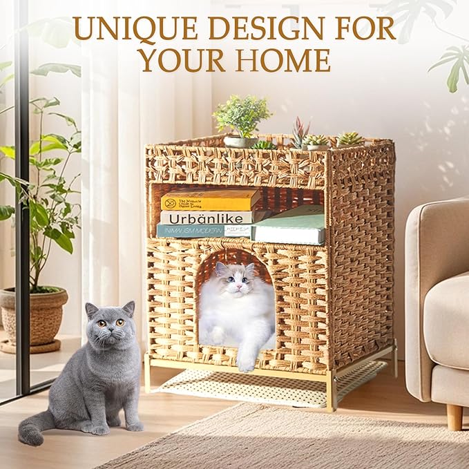 Cat Litter Box Enclosure Furniture - Handwoven Rattan Hidden Litter Box Enclosure with Mat, 24.6 x 18.1 x 14.1 Inches Hidden Cat House for Living Room, Bedroom Natural