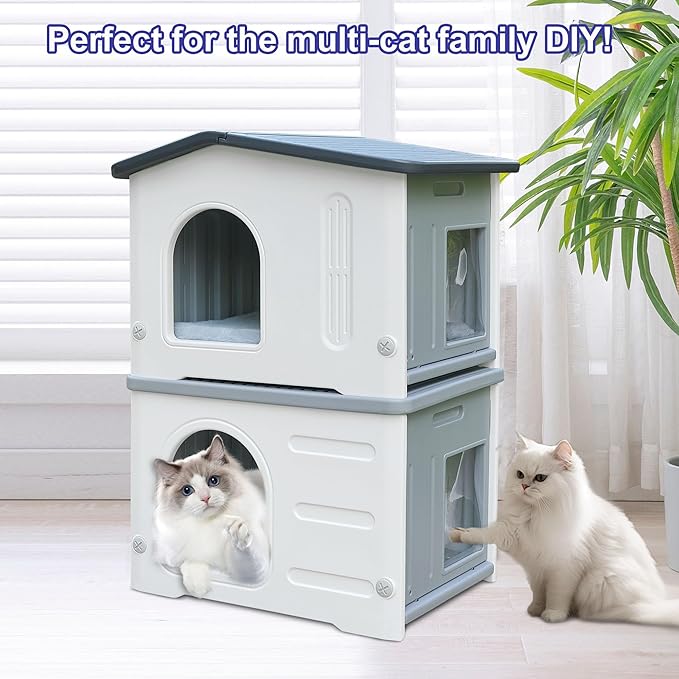 Plastic Cat House for Outdoor Indoor Use, Feral Cat House with Escape Door and Soft Mat, Cat Houses for Outdoor Cats Outside Cat Shelter for Small Pet, Assemble Easily - Grey