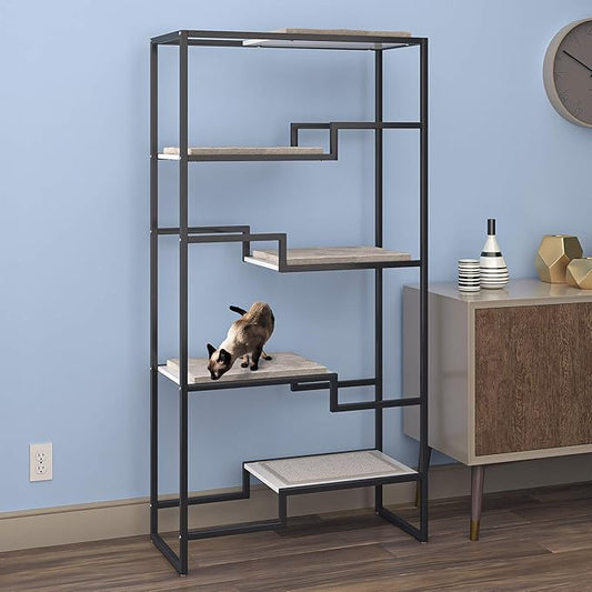 Refined Feline Metropolitan Cat Condo - 62 Inch Tall Modern Cat Tower, Black Metal Frame, Multi-Level, White Platforms & Scratching Post