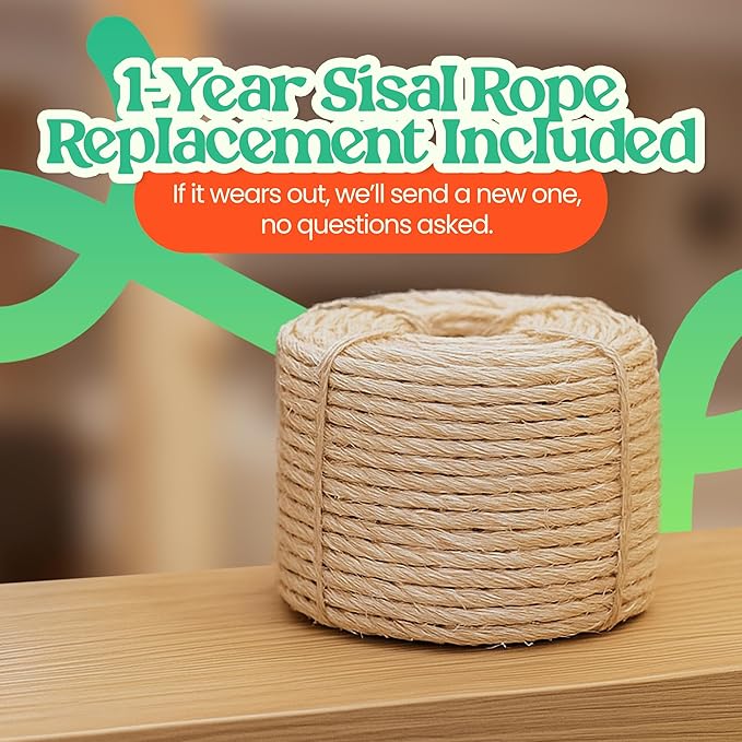 Premium 35" Cat Scratching Post – Natural Pear Wood, Sisal Rope, Rubber Wood Base with Oak Skin, Ideal for Large Cats, Free Rope Replacement