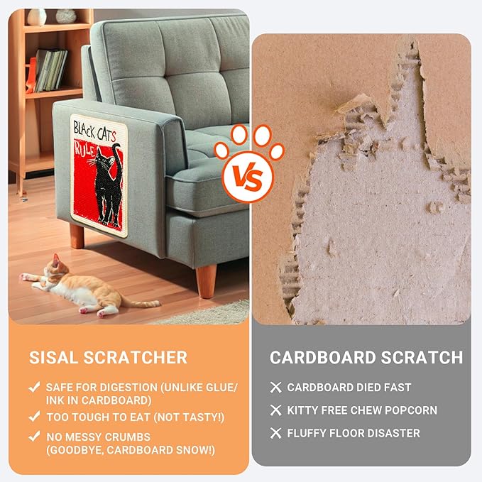 SOLDAY Sisal Cat Scratcher Mat for Floor Wall Carpet Couch Furniture, 22x13 inch Anti Scratch Furniture Protector, Cat Scratching Posts Board with Velcro Tape(Black Cat Rules)
