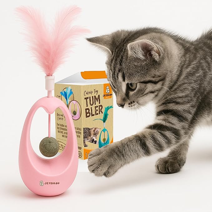 Cat Feather Toy - Interactive Self-Righting Wobble Tumbler with Catnip Ball for Indoor Cat Exercise and Entertainment - Silent Battery-Free - Perfect for Busy Owners (Pink)