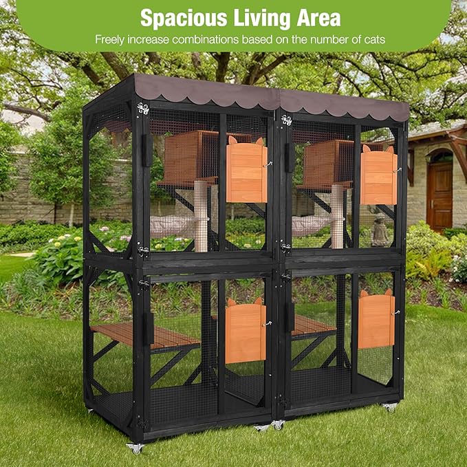 GUTINNEEN Catio Outdoor Cat Enclosure on Wheels - Outside Kitty House with Upgraded Resting Box, PVC Layer, and Waterproof Roof - 71.9" Black