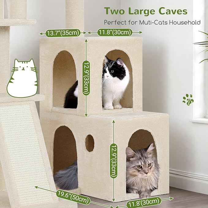Globlazer F50 Cat Tower for Adult Indoor Cats, 50-inch Heavy Duty Cat Tree for Big Cats, Cat Tree House with Extra-Large Padded Platform, Sisal Scratching Board, 2 Large Condos, Beige