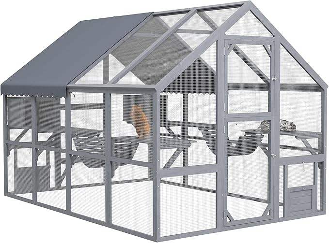PawHut Large Catio Outdoor Cat Enclosure for Multiple Kittens, Wooden Cat House with Waterproof Cover, Walk in Kitty Cage Kennel with 2 Condos, 6 Platforms, Bridge, Doors, 110" x 73" x 74", Gray