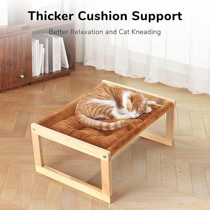 FUKUMARU Cat Bed with Removable Cover, Plush Velvet Couch for Indoor Cats, Wooden Feline Hammock, 21 x 16.5 Inch Kitten Sofa, Suitable for Kitty, Dog, Bunny and Small Animal, Brown
