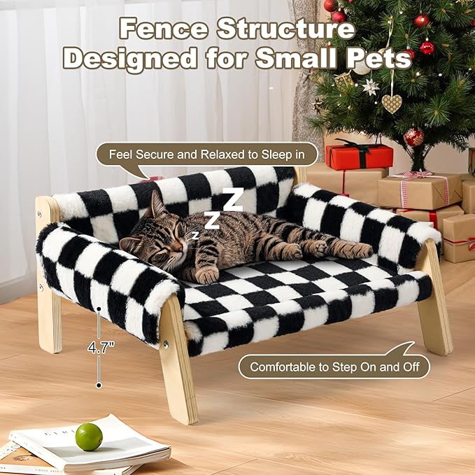 Elevated Cat Couch Bed for Indoor Cats - Wooden Pet Sofa with Removable Washable Thick Cover Raised Kitty Lounge Chair Suitable for Puppy or Small Animals(Cat Sofa Chessboard)