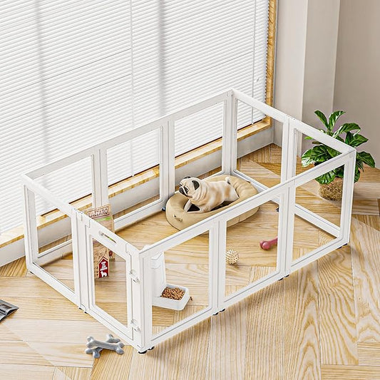 Dog Playpen Transparent Puppy Playpen Indoor, Easy Assemble & Disassemble Clear Pet Playpen, Sturdy & Easy Cleaning Plastic Dog Fence with Suction Cup (23.6"" H, 10PCS), White