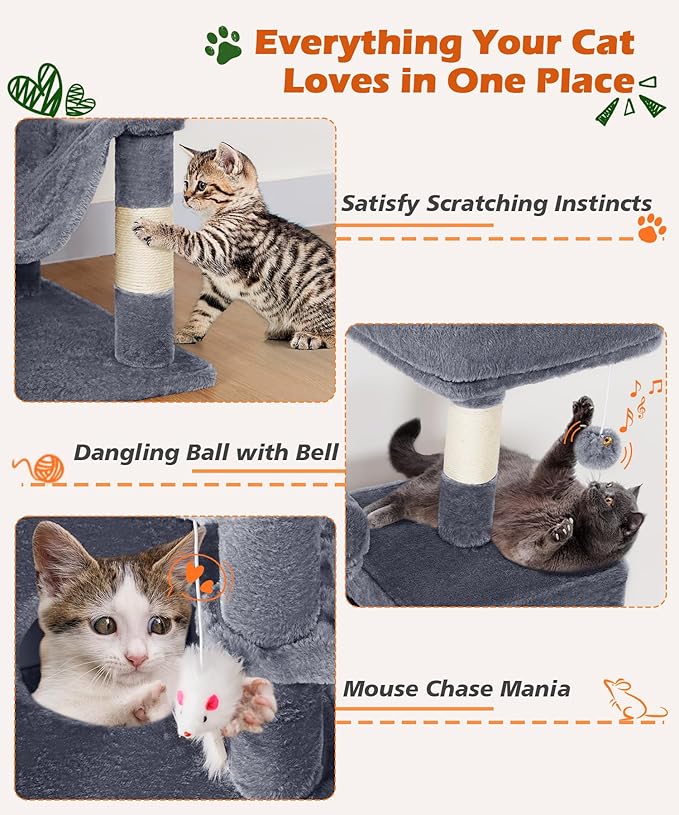 AMHANCIBLE Cat Tree, 70 Inch Tall for Indoor Adult Cats, Large Multi-Level Tower with Scratching Post, Hammock, Condos, Hanging Basket, Activity Center to Play and Sleep, Grey, PT18GY