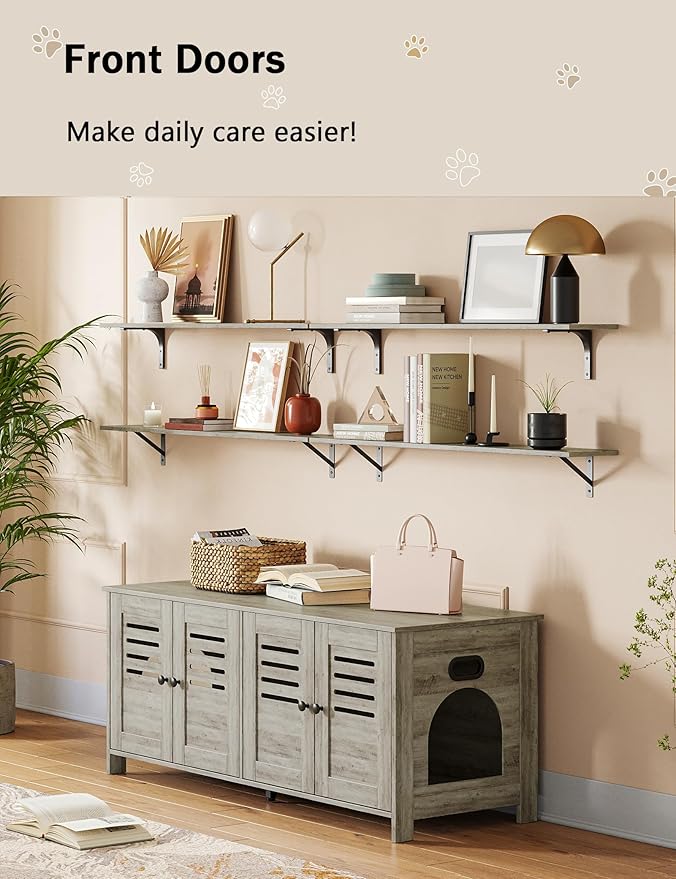 DINZI LVJ Litter Box Enclosure for 2 Cats, Hidden Litter Box Furniture with Double Rooms, Dual Cat Litter House, Front Doors, 47.2" Wooden Hidden Cat Washroom, Side End Table, TV Stand, Gray Wash