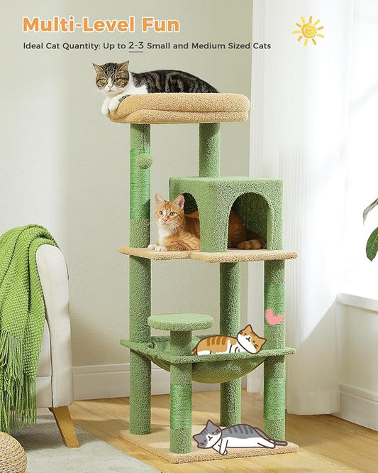 Cactus Cat Tree for Indoor Cats, 45.7" Multi-Level Cat Tower with Large Metal Frame Hammock, Cat Condo with 4 Scratching Posts and Top Perch, Green